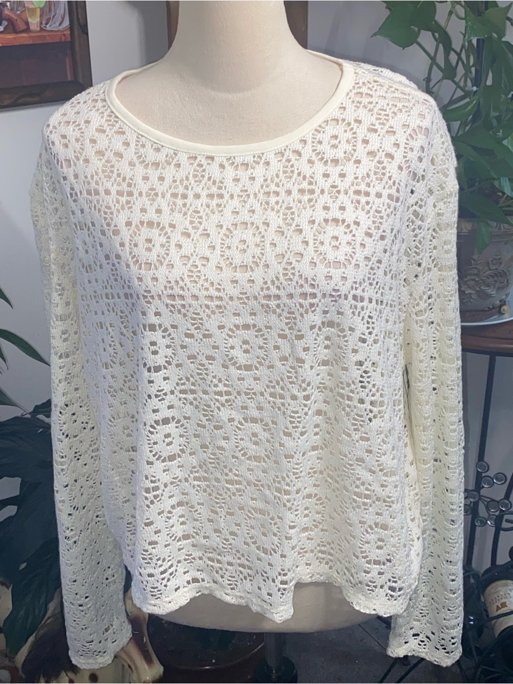 No Boundaries Cream Crochet Openwork Crewneck Sweater